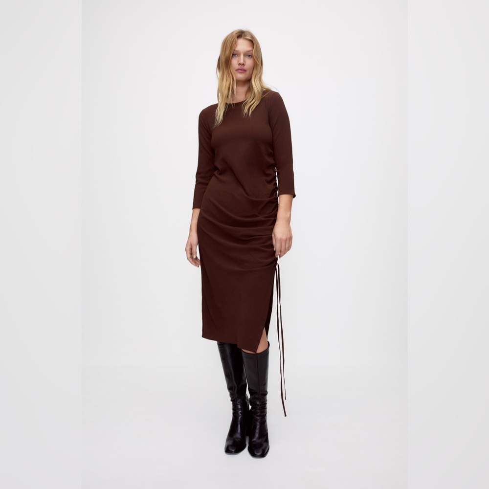 Zara Dark Brown Long-Sleeve Midi Dress with Side Tie